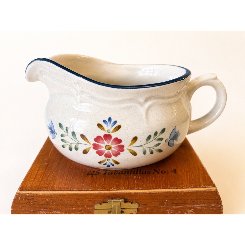 Inter-National Stoneware Heartland Creamer Pitcher Floral Japan Vintage Blue Rim